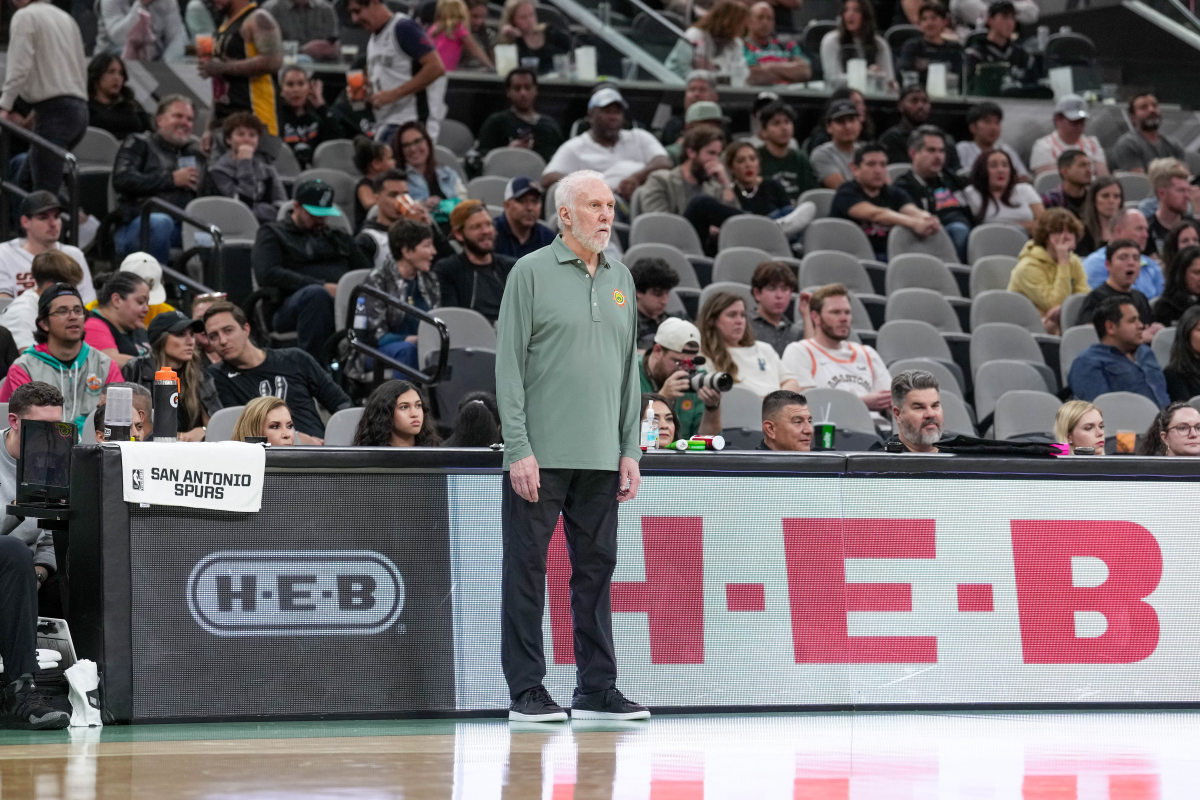 Nov 20, 2023; San Antonio, Texas, USA; San Antonio Spurs head coach Gregg Popovich looks on in the second half against the LA Clippers at the Frost Bank Center.